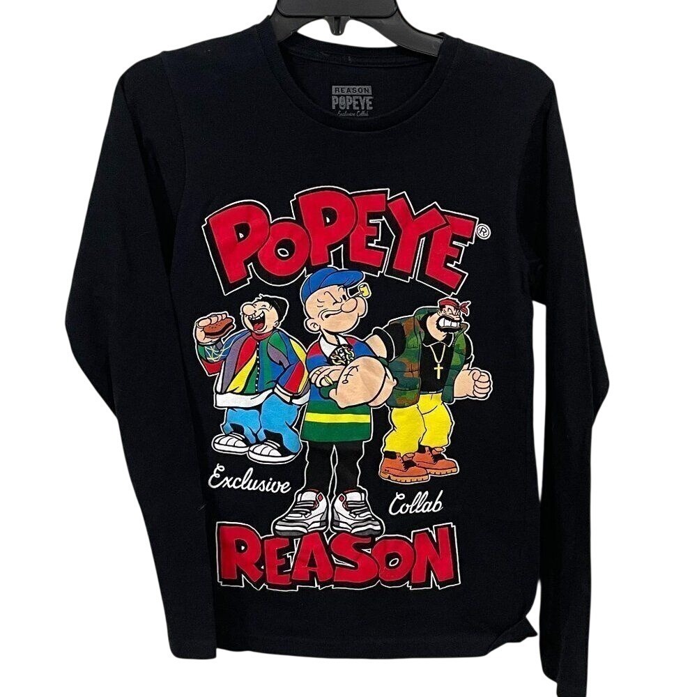 Reason Clothing Popeye Exclusive Collab Black Long Sleeve Graphic Tee Mens Small